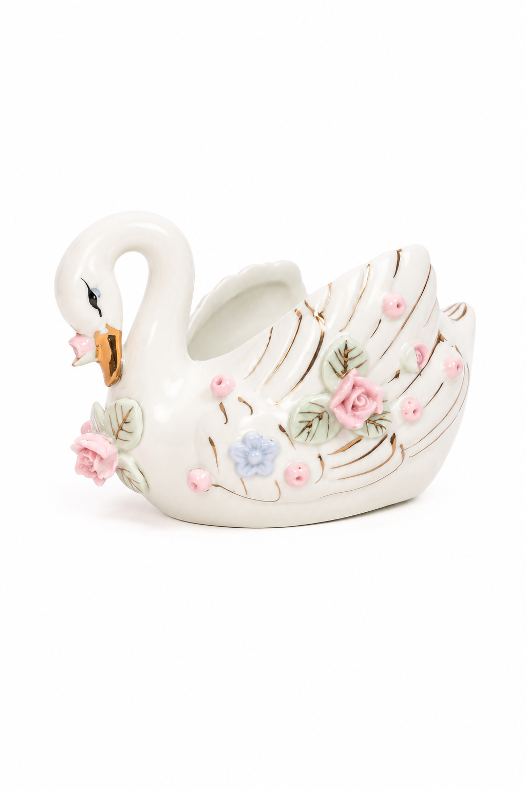 Small Vintage Porcelain Swan Planter / Trinket Dish | Pink Roses | Cottagecore Floral Décor