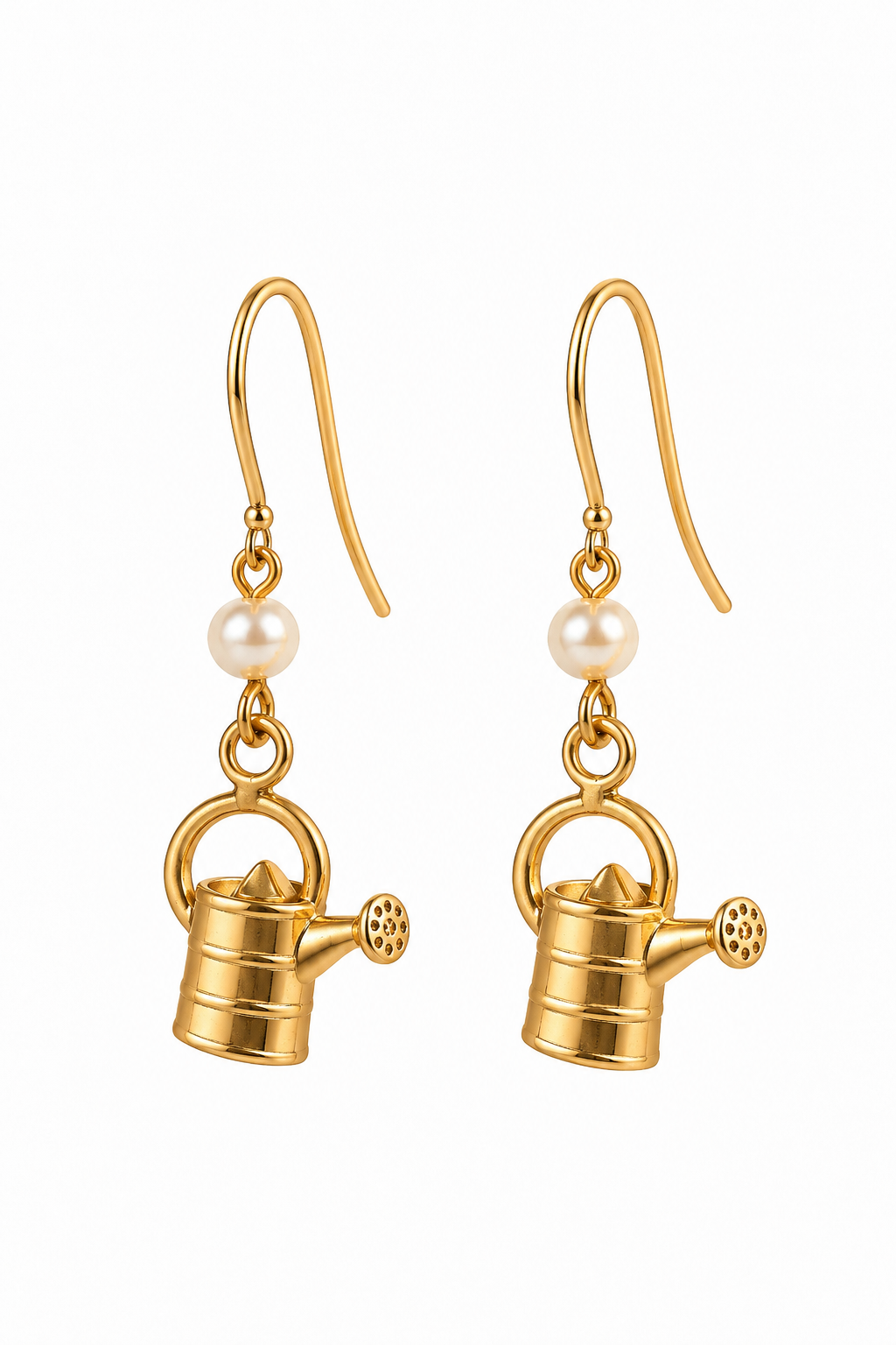 Vintage 1980s Gold-Tone Watering Can Earrings | Faux Pearl Garden Dangle Earrings