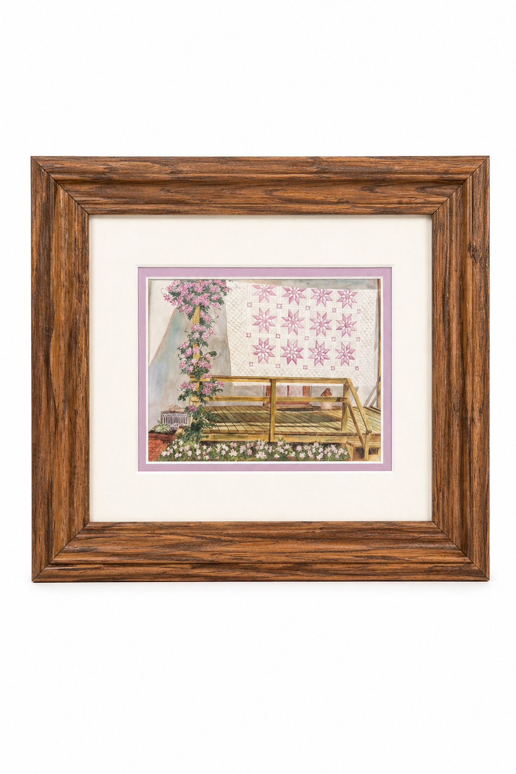 Vintage Framed Cottage Garden Print | Quilt Wall Art Rustic Wood Frame 1980s-90s