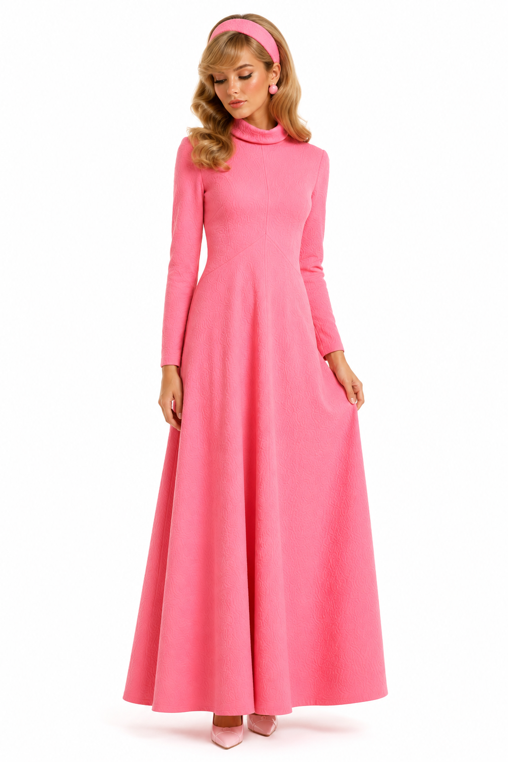 Vintage Bubblegum Pink Maxi Gown | 1960s/1970s Long Sleeve Dress | Size Small-Medium