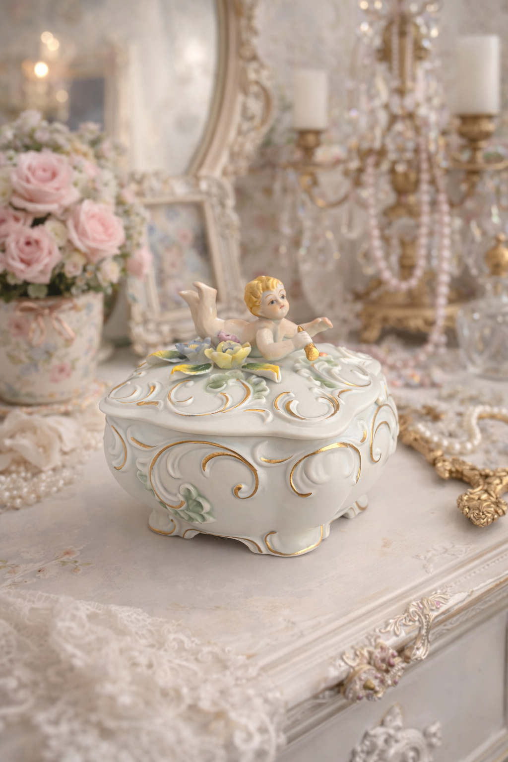 Boîte Trésor Céleste | Vintage Cherub Porcelain Trinket Box