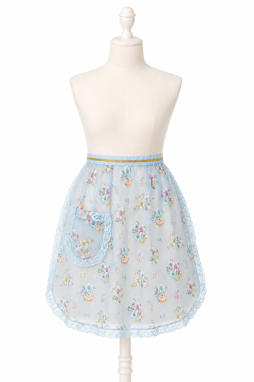 Vintage Handmade Blue Floral Lace Apron | Cottage Garden Kitchen Apron | One Size