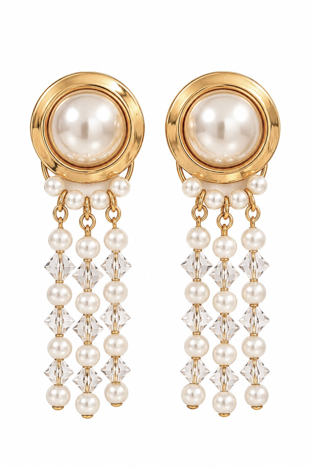 Elegant Gold-Tone Faux Pearl & Crystal Tassel Stud Earrings – Romantic Cascading Statement Jewelry