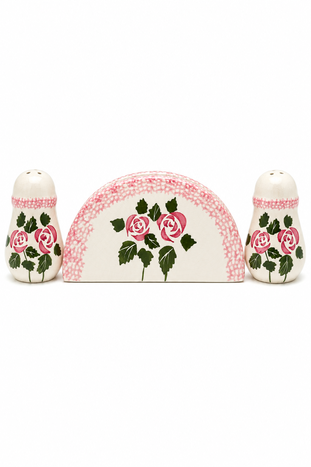 Vintage 1980s Ceramic Napkin Holder & Salt & Pepper Shaker Set | Pink Rose Floral | Cottagecore | English Country Décor