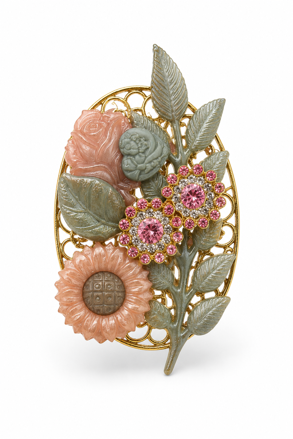 Vintage 1940s Gold-Tone Floral Filigree Brooch | Pink & Green Flower Pin | Rhinestone Statement Brooch