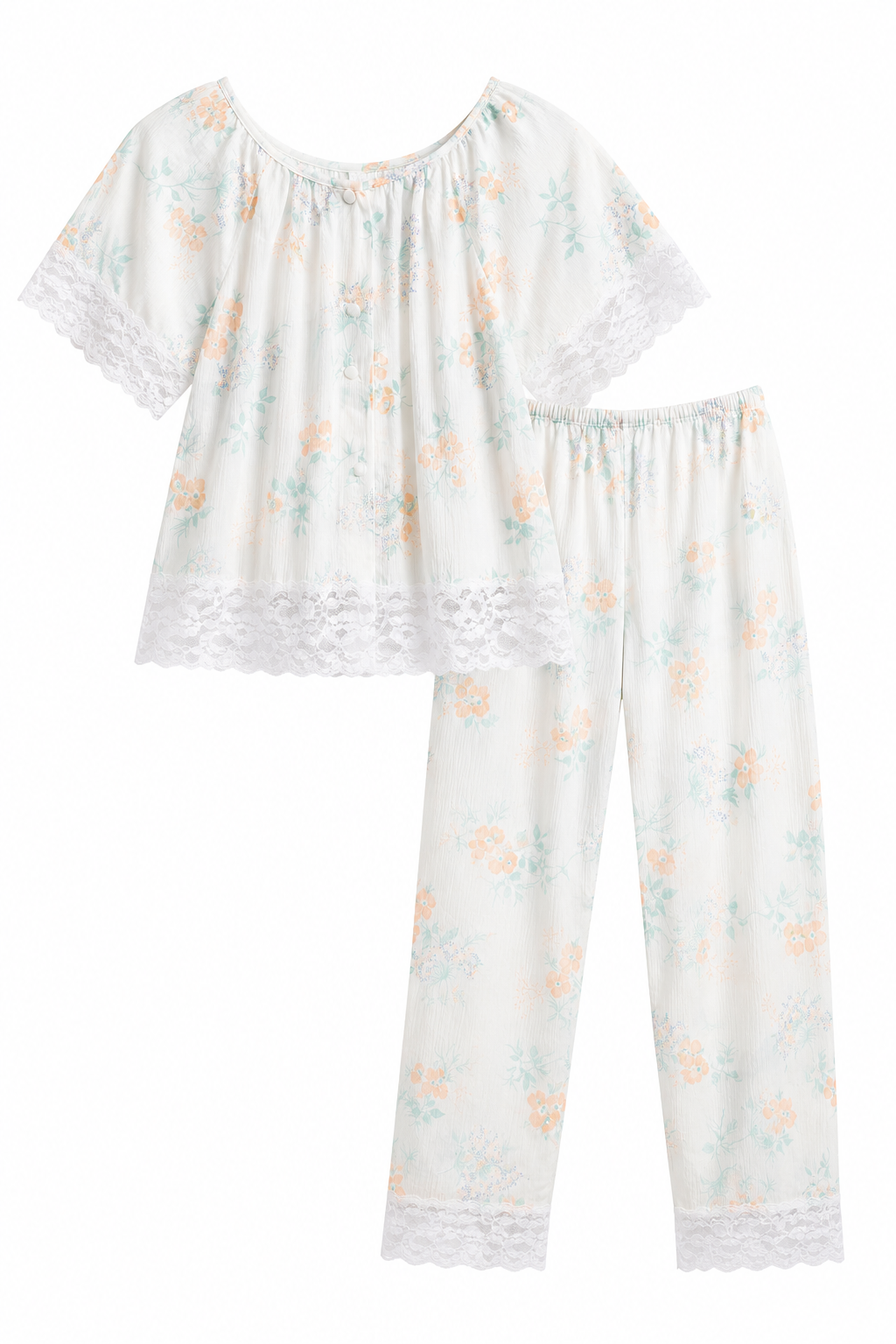 Vintage Rikki Floral Lace Pajama Set | 2-Piece Nylon Sleepwear Set | Size Small