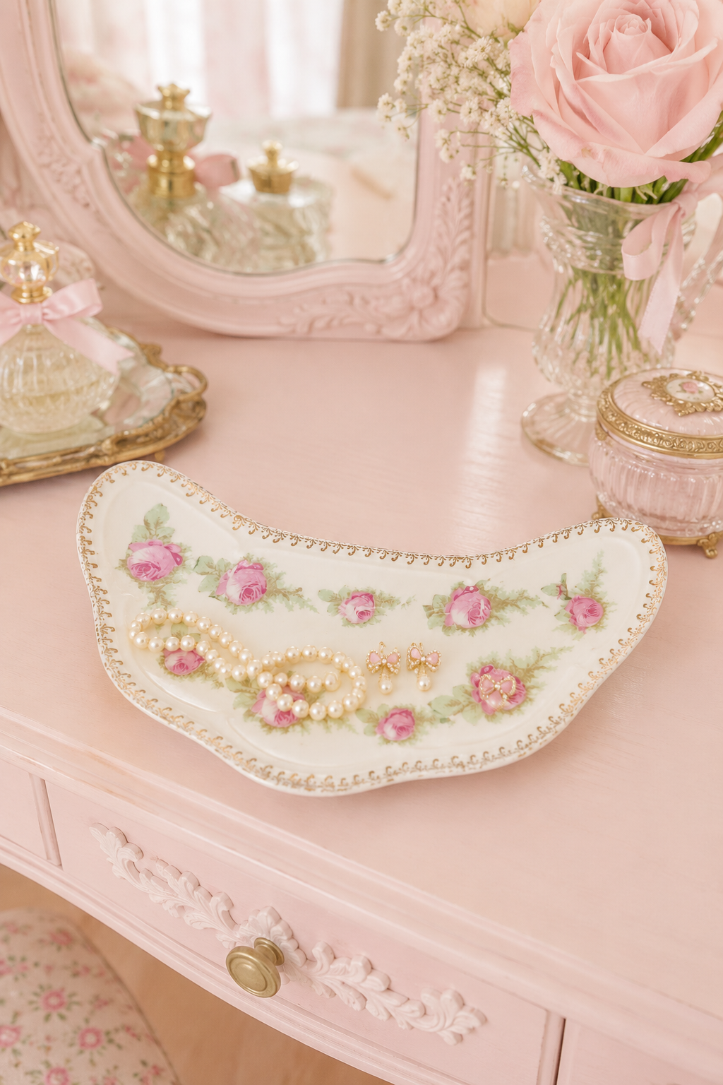 Antique Zeh, Scherzer & Co. Bavaria Crescent Bone Dish | Pink Roses | German Porcelain | 1890–1918