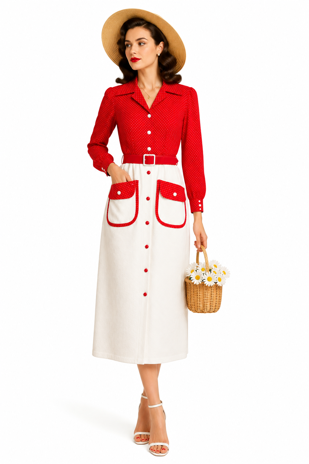 Vintage 1970s Red & White Polka Dot Shirt Dress | Belted Midi Dress | Size 10 (Fits S–M)
