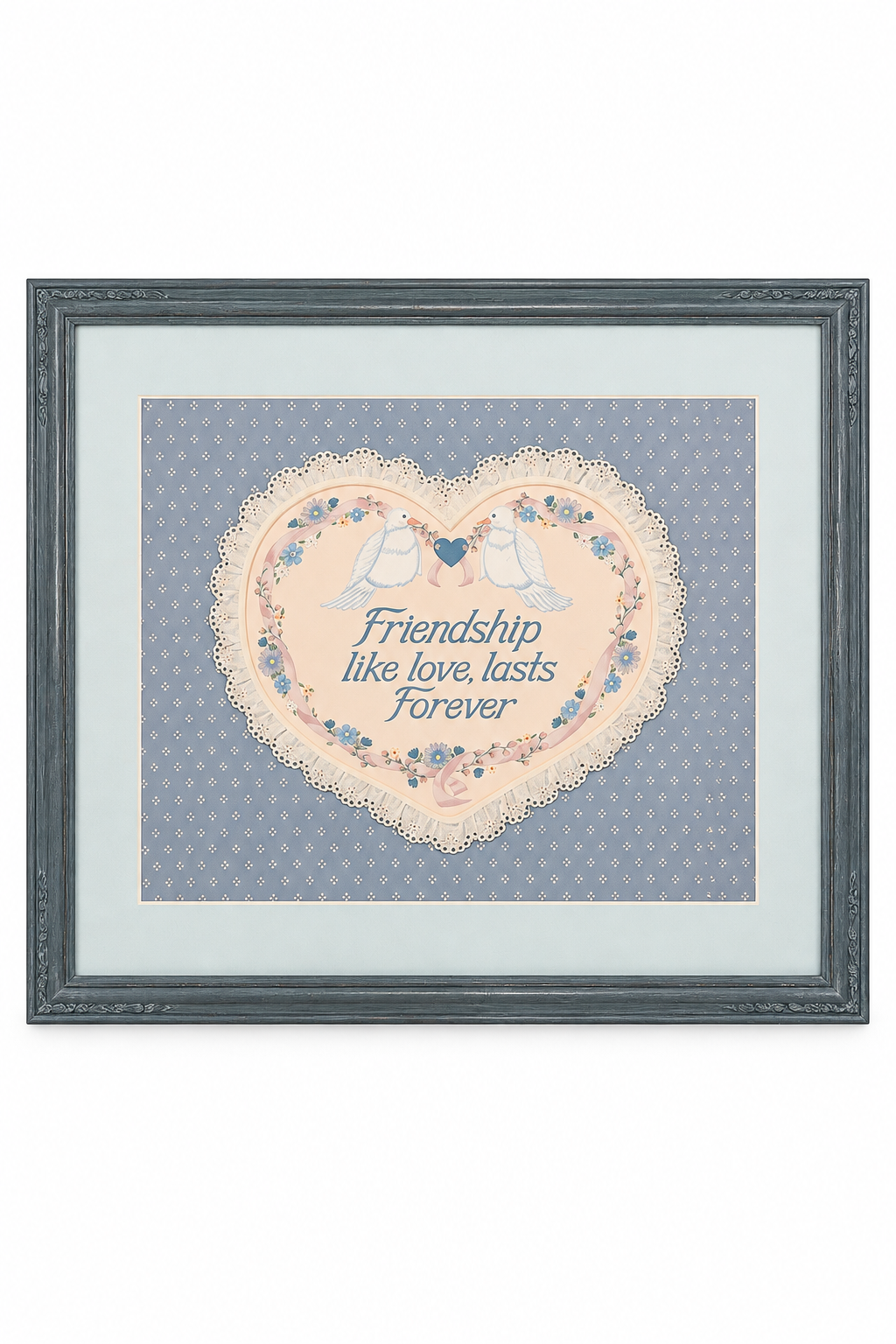 Vintage 1980s Cottagecore Dove Friendship Heart Wall Art – Blue & Pink