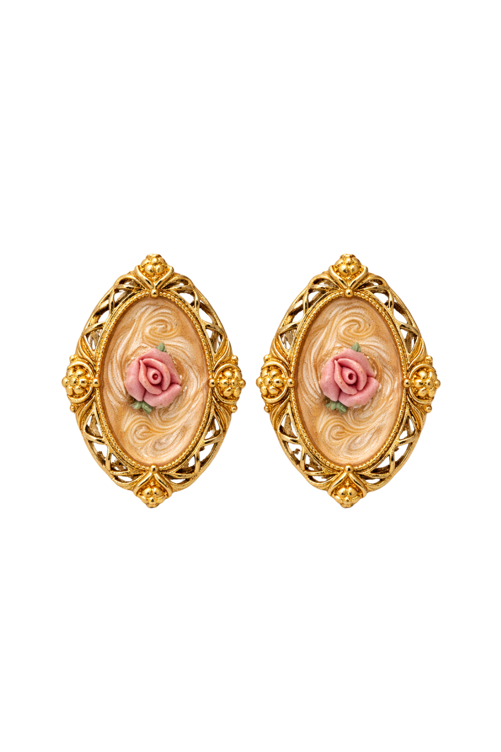 Roseraie Royale | Rococo Rose Cameo Earrings – Vintage French Baroque Gold- tone Filigree Statement Studs