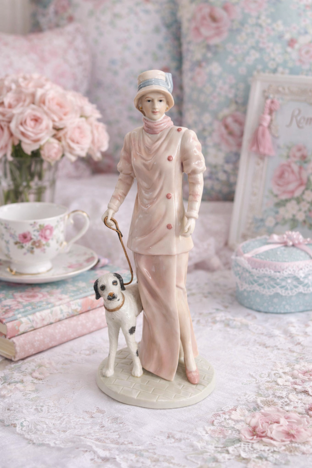 Regal House Collection “Lady on a Stroll” Porcelain Figurine with Puppy, Pink & Blue Vintage Style