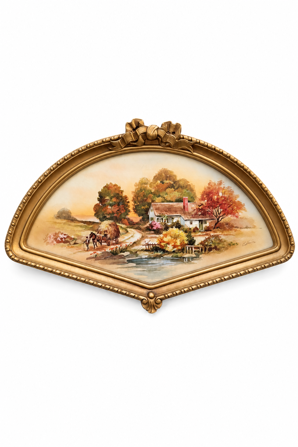 Vintage 1980s Homco Fan-Shaped Wall Hanging | Autumn Harvest Farmhouse Scene | Rustic Country Wall Décor | 16.5”