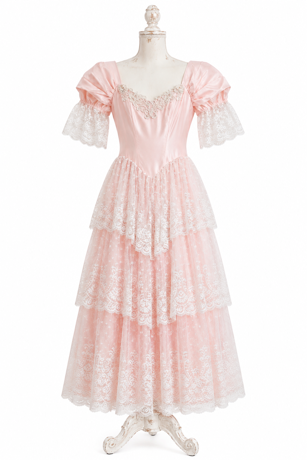 Vintage 1970s–80s Alfred Angelo Pink Lace Ruffle Gown | Romantic Prairie Maxi Dress | (5/6) S/M Made in USA