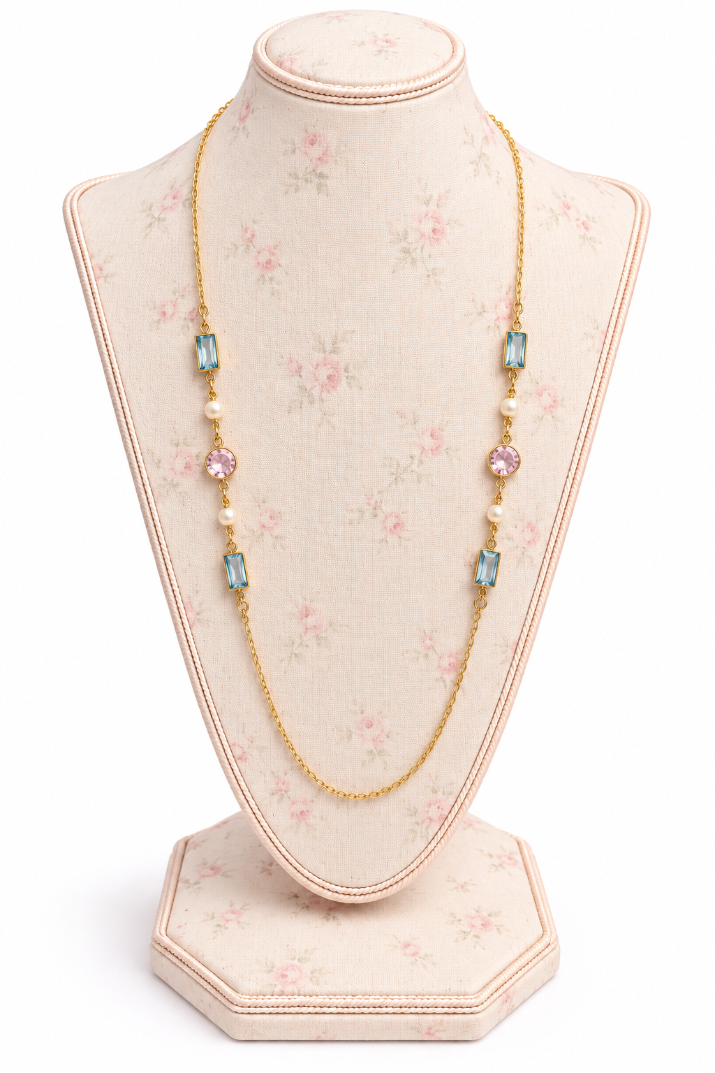 Vintage 1990s Avon Gold-Tone Pastel Pink Blue & Faux Pearl Long Station Necklace