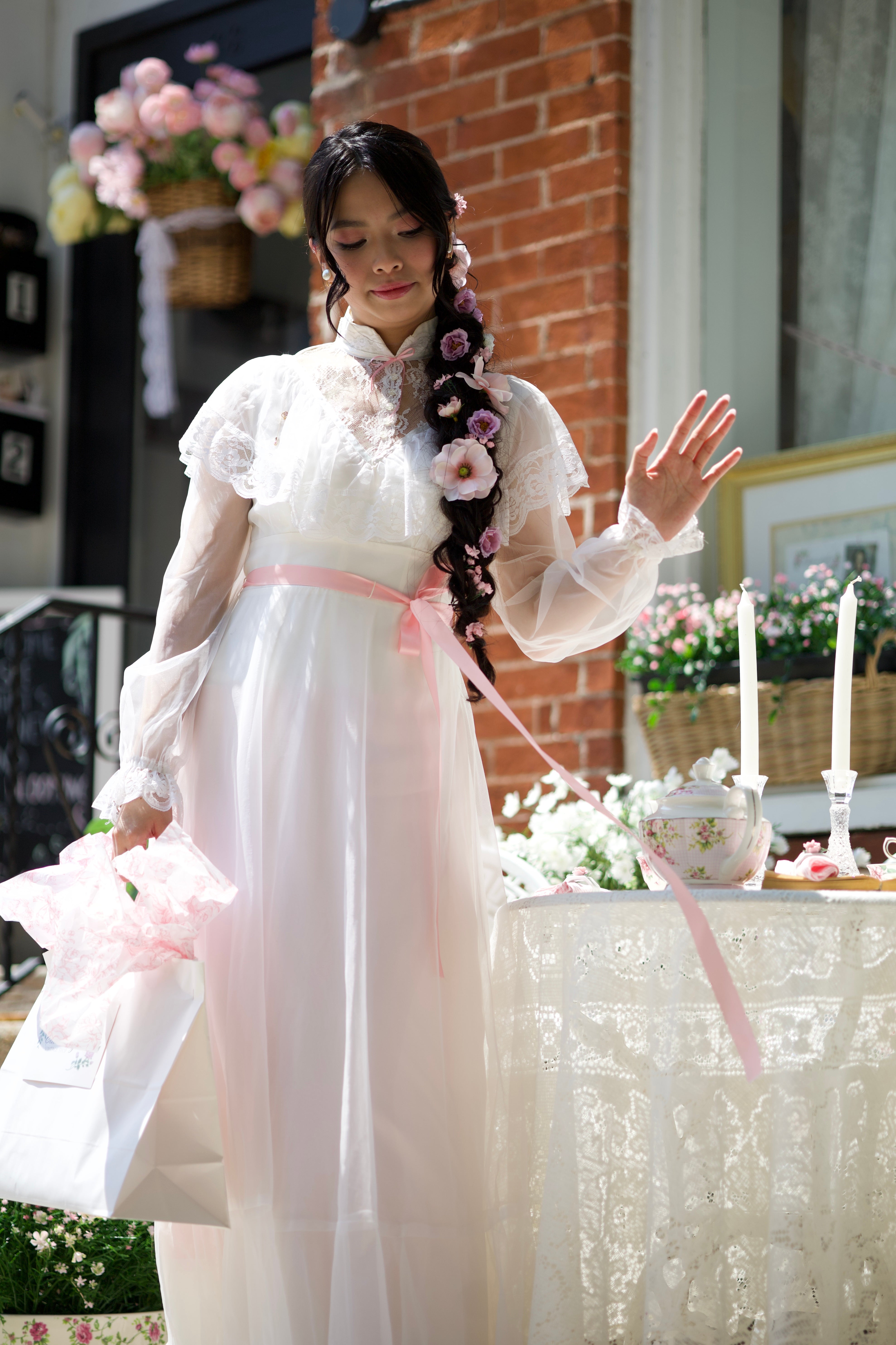Vintage 1970s Ivory Prairie Dress Pink Ribbon Lace Romantic Bridal Wedding Dress XS/S Handmade
