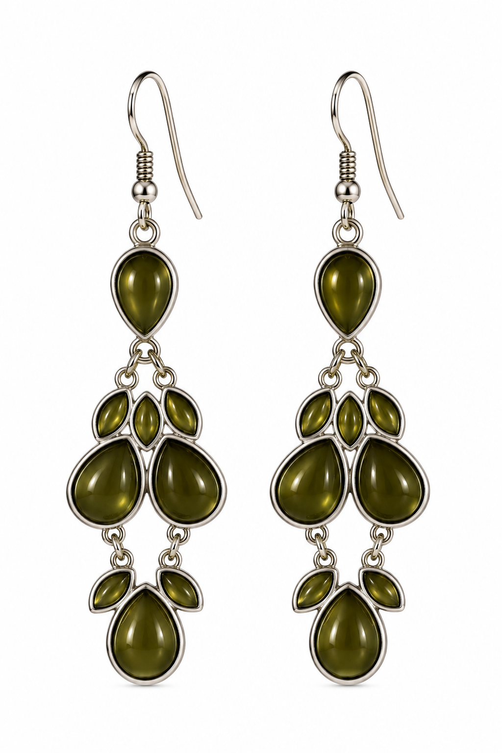 Olive Green Silver-Tone Chandelier Earrings | Elegant Cascading Teardrop Statement Jewelry