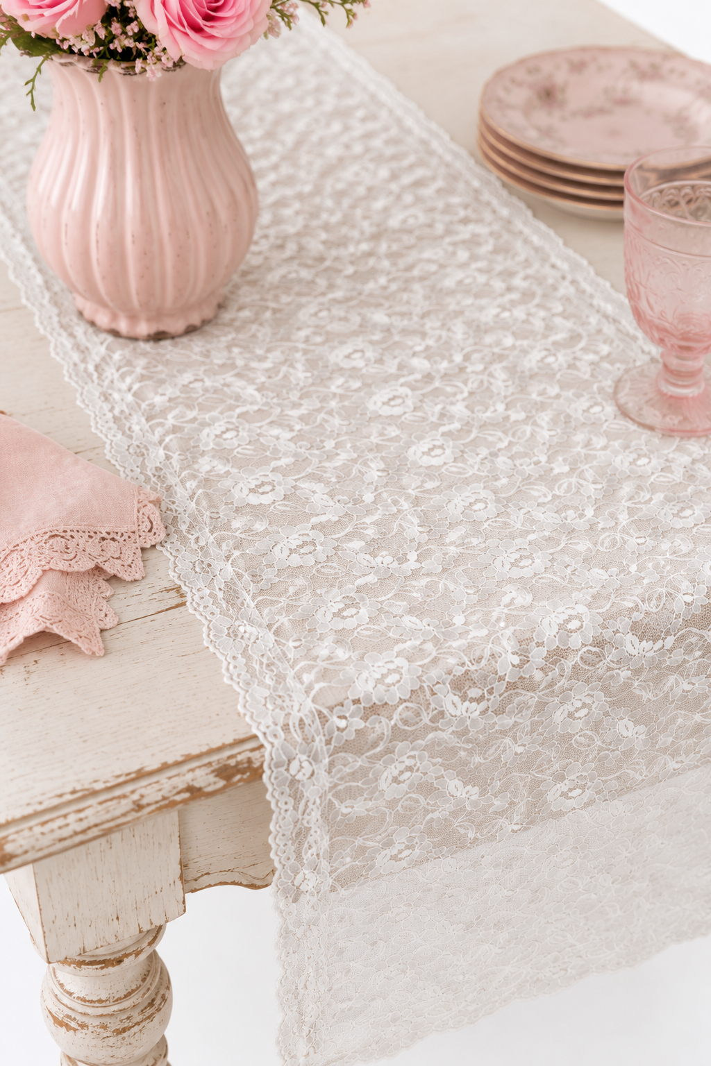 Vintage Cream Lace Table Runner | Romantic Floral Lace Centerpiece | Cottagecore Shabby Chic Table Décor