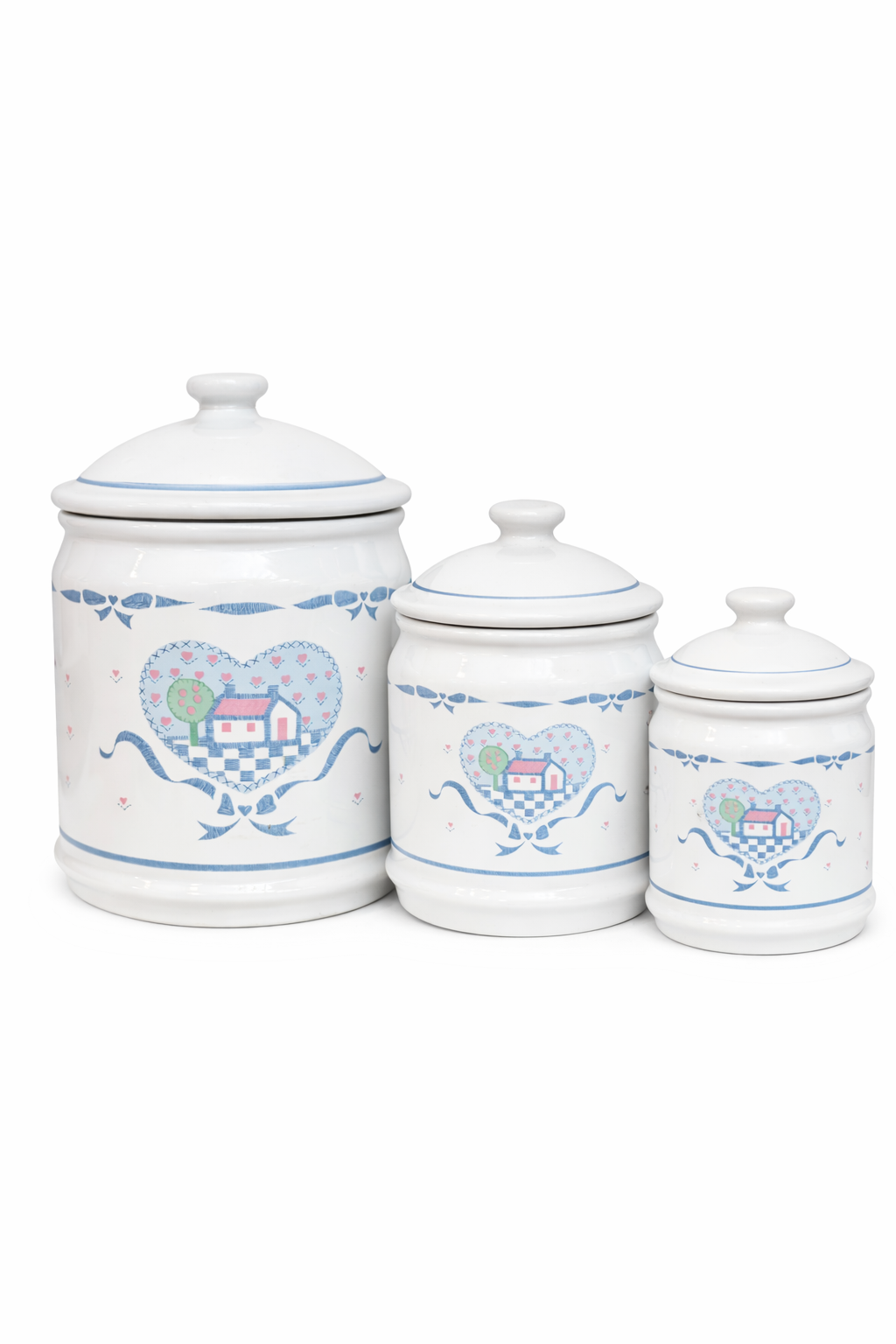 1980s Cottagecore Heart Canister Set | Vintage Shabby Chic Pink & Blue Farmhouse Kitchen Jars (Set of 3)