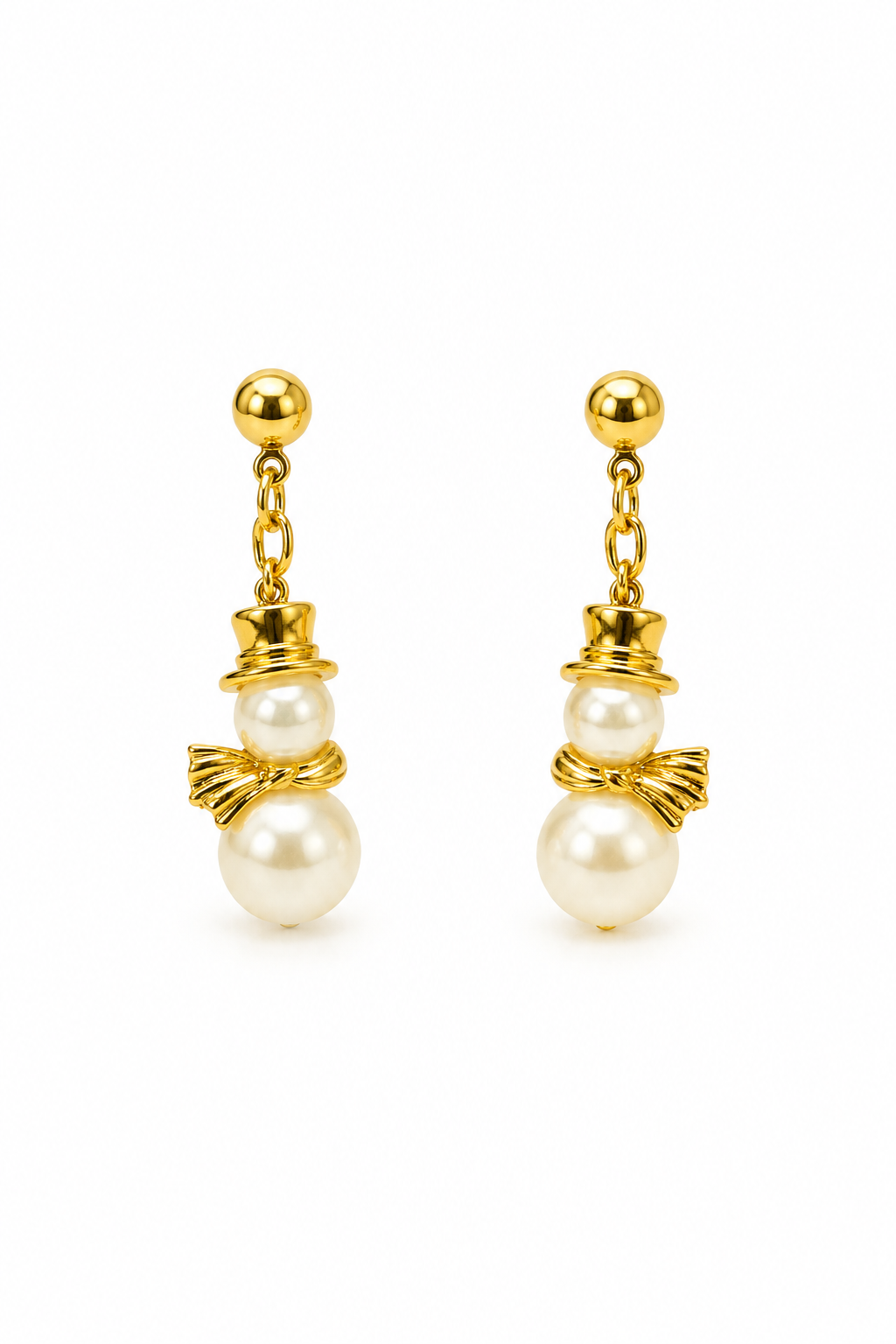 Vintage 1990s Avon Faux Pearl Snowman Gold Tone Dangle Stud Earrings – 1.25”