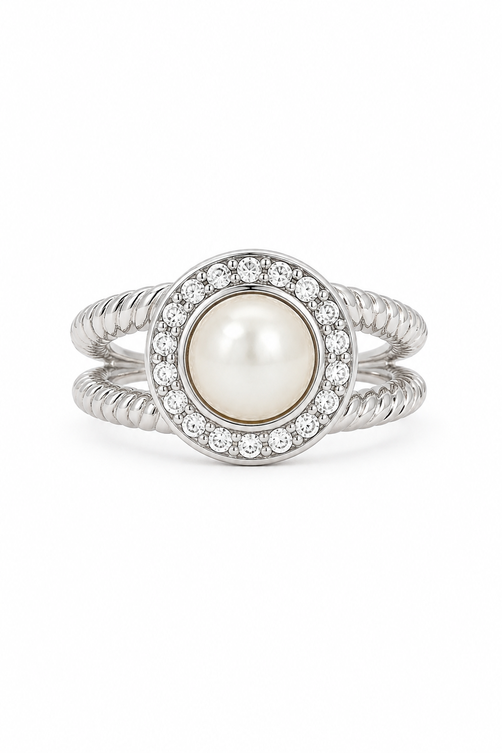 Silver Tone Cable Band Cocktail Ring with Faux Pearl & Crystal Halo 8.5