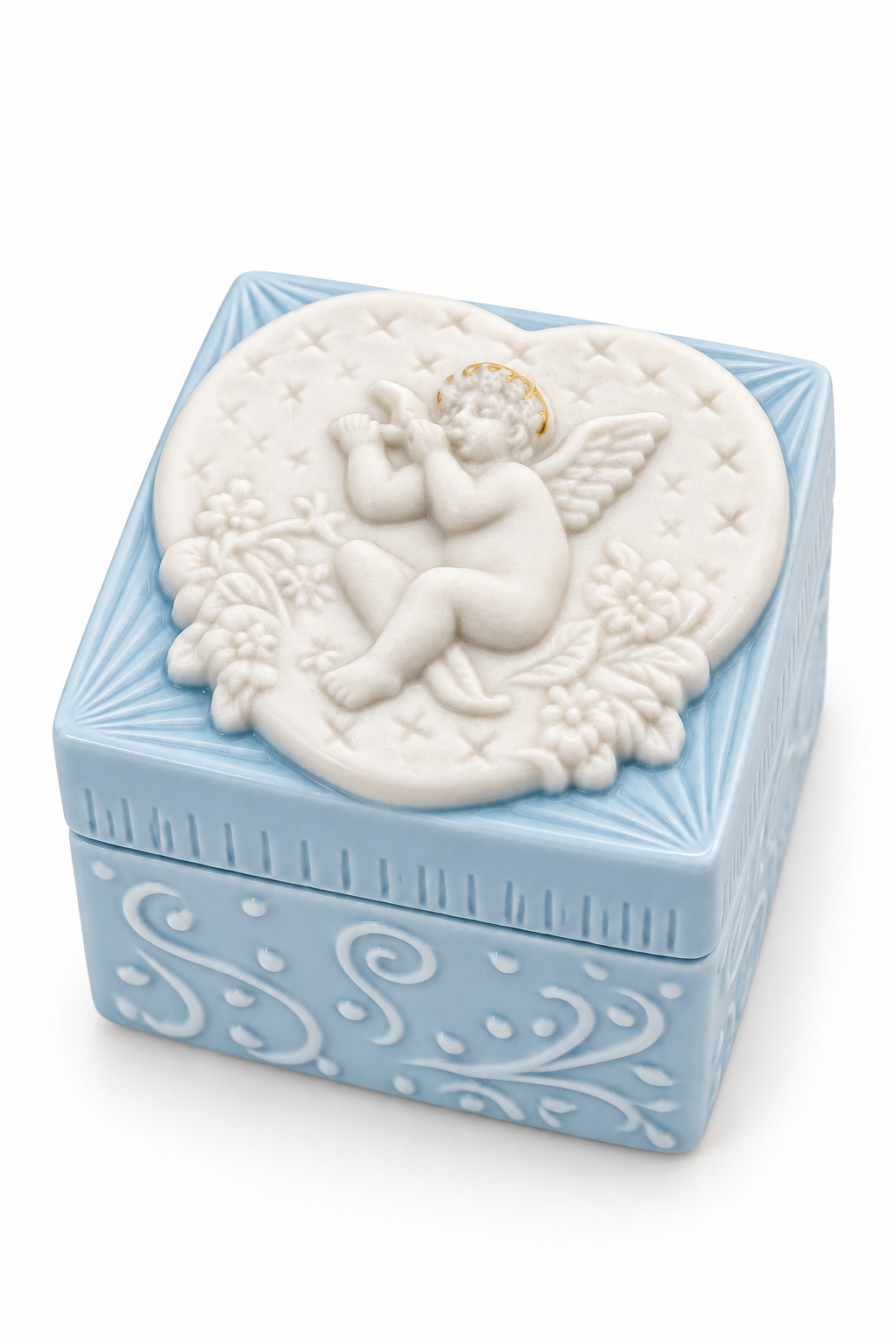 Vintage 1980s–1990s JCM Angel Trinket Box | Blue Bisque Cherub Jewelry Box