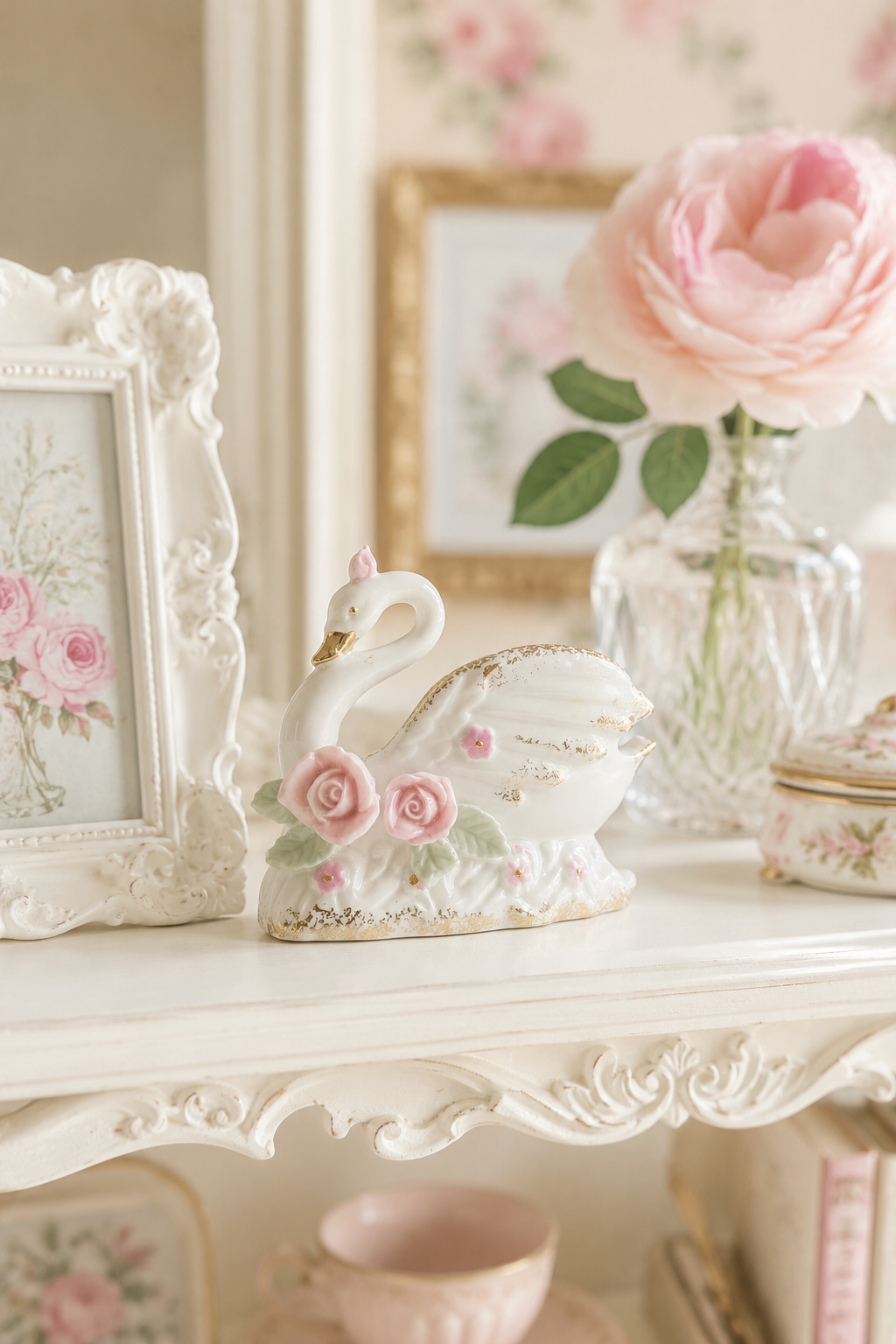 Vintage 1950s–1960s Bone China Swan Figurine Trinket Dish | Pink Porcelain Roses | Gold Gilt | Made in Japan