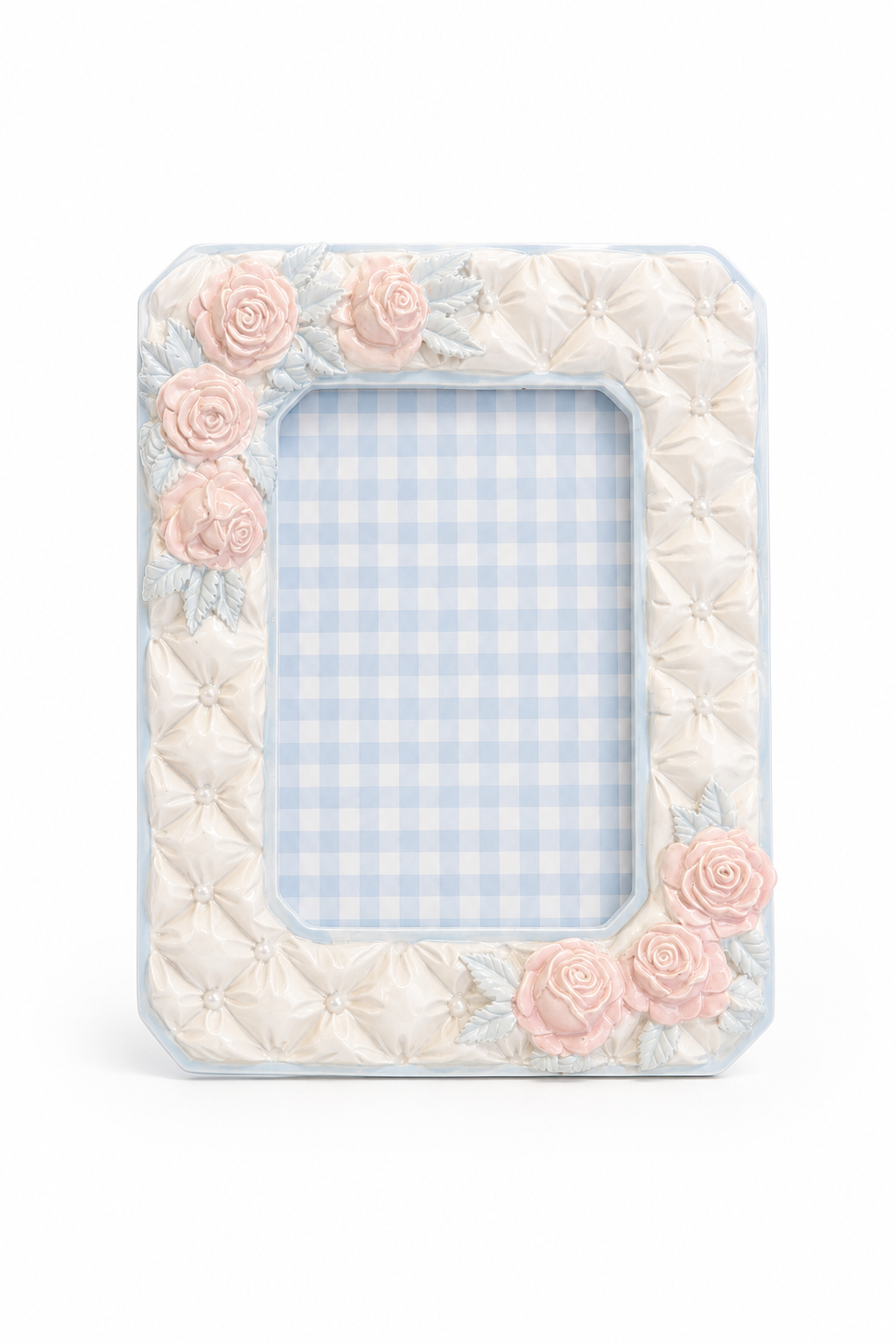1980s Vintage Pastel Rose Resin Picture Frame – Faux Pearl Tufted Floral 3x5 Photo Holder