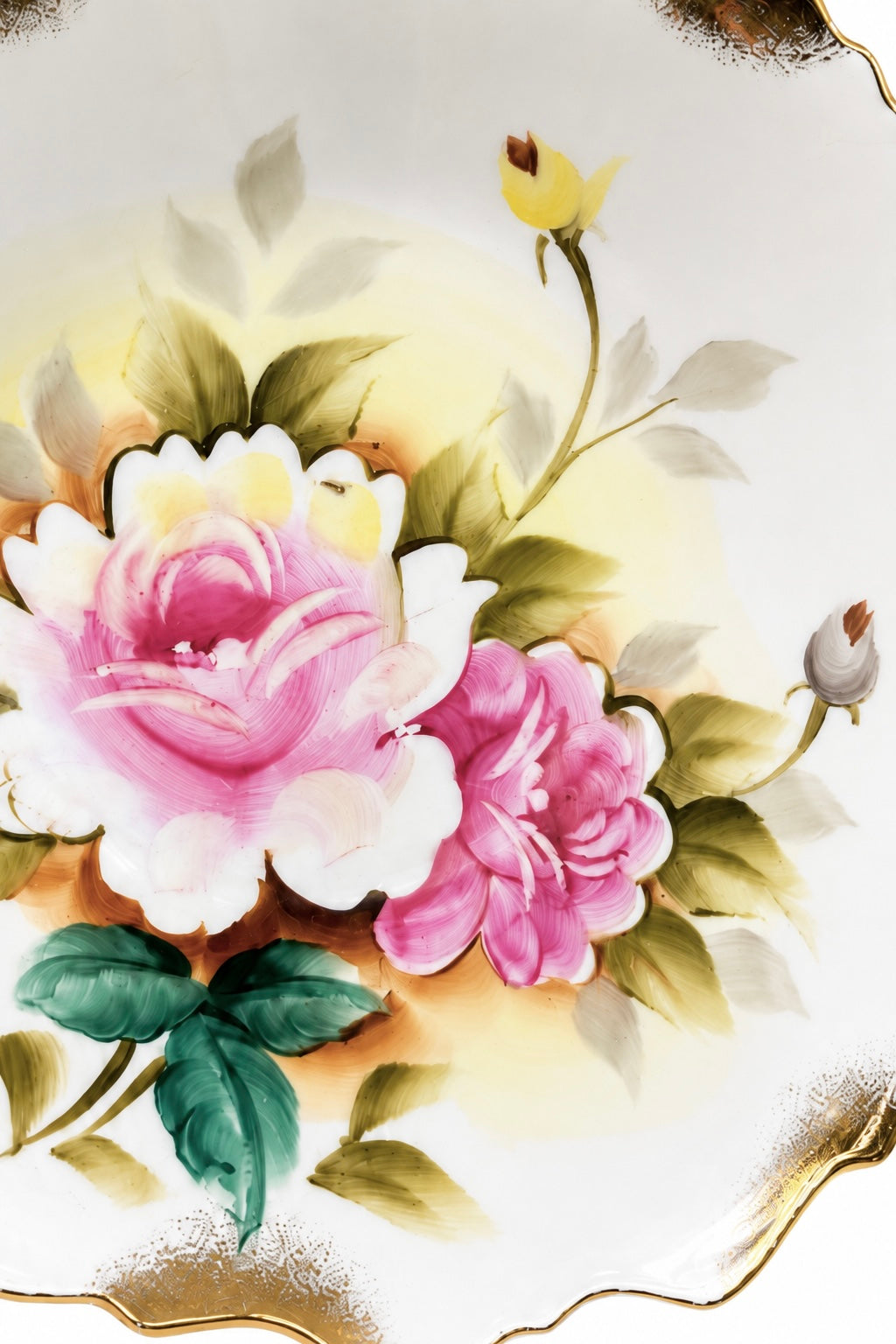 Antique Hand-Painted Porcelain Floral Bowl Plate | Pink Roses & Gold Trim | Cottage Chic Decor