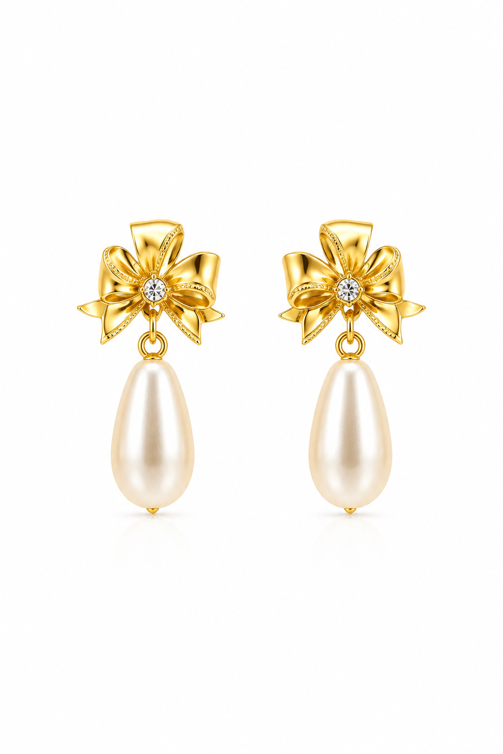Vintage 1980s Signed Avon Gold Tone Ribbon Bow Faux Pearl Drop Stud Earrings | Romantic Dangle Earrings | 1.5”
