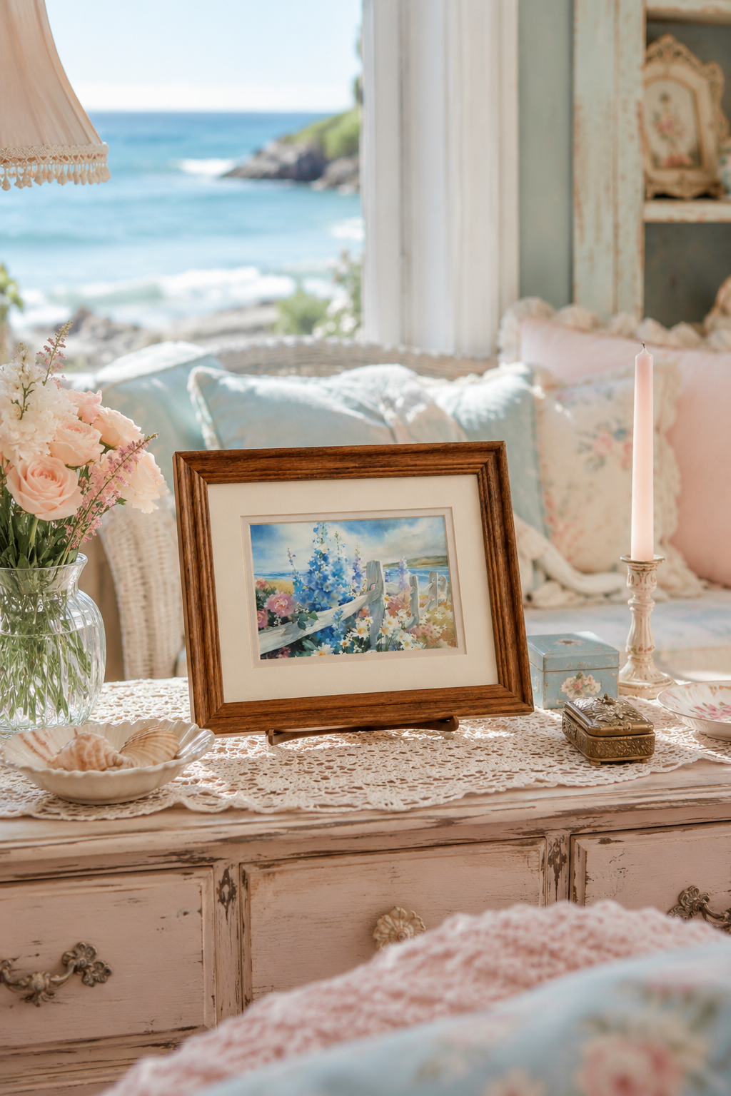 Vintage “Seaside Fence” Framed Art Print | Coastal Cottage Wall Art | Wooden Frame