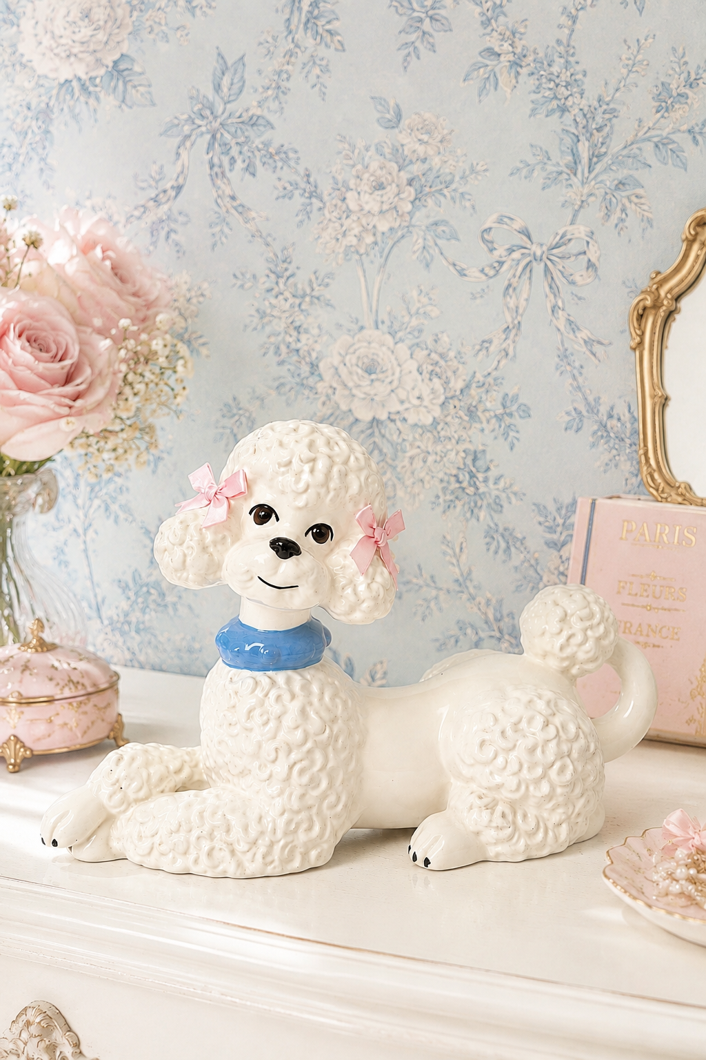 Charming Vintage Mid-Century (1950s/1960s) Ceramic White Poodle Figurine – Romantic Shabby Chic French Dog Statue with Blue Collar & Added Pastel Bows