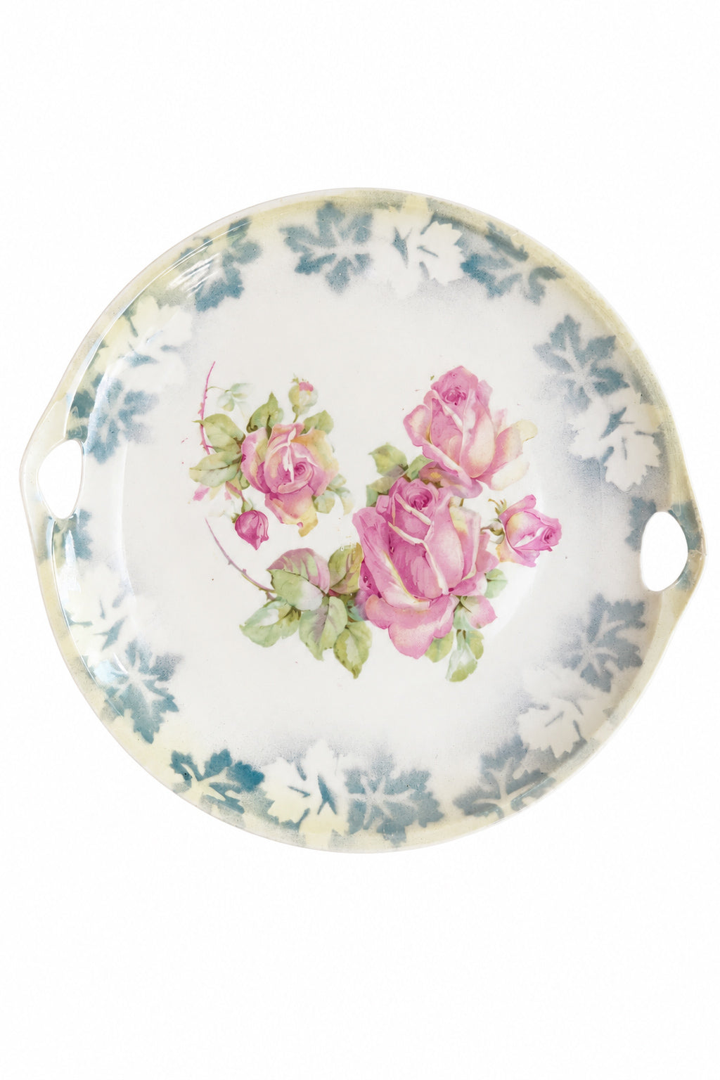 Antique German Porcelain Handled Cake Plate | Pink Roses & Blue Ivy Border | Circa 1900 | 9.5”