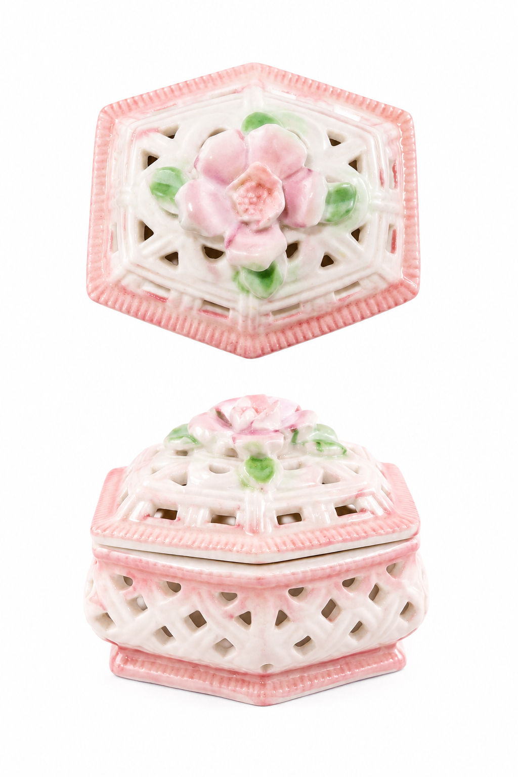 Vintage 1980s Pink & White Porcelain Lattice Trinket Box | Floral Lid | Romantic Vanity Jewelry Box