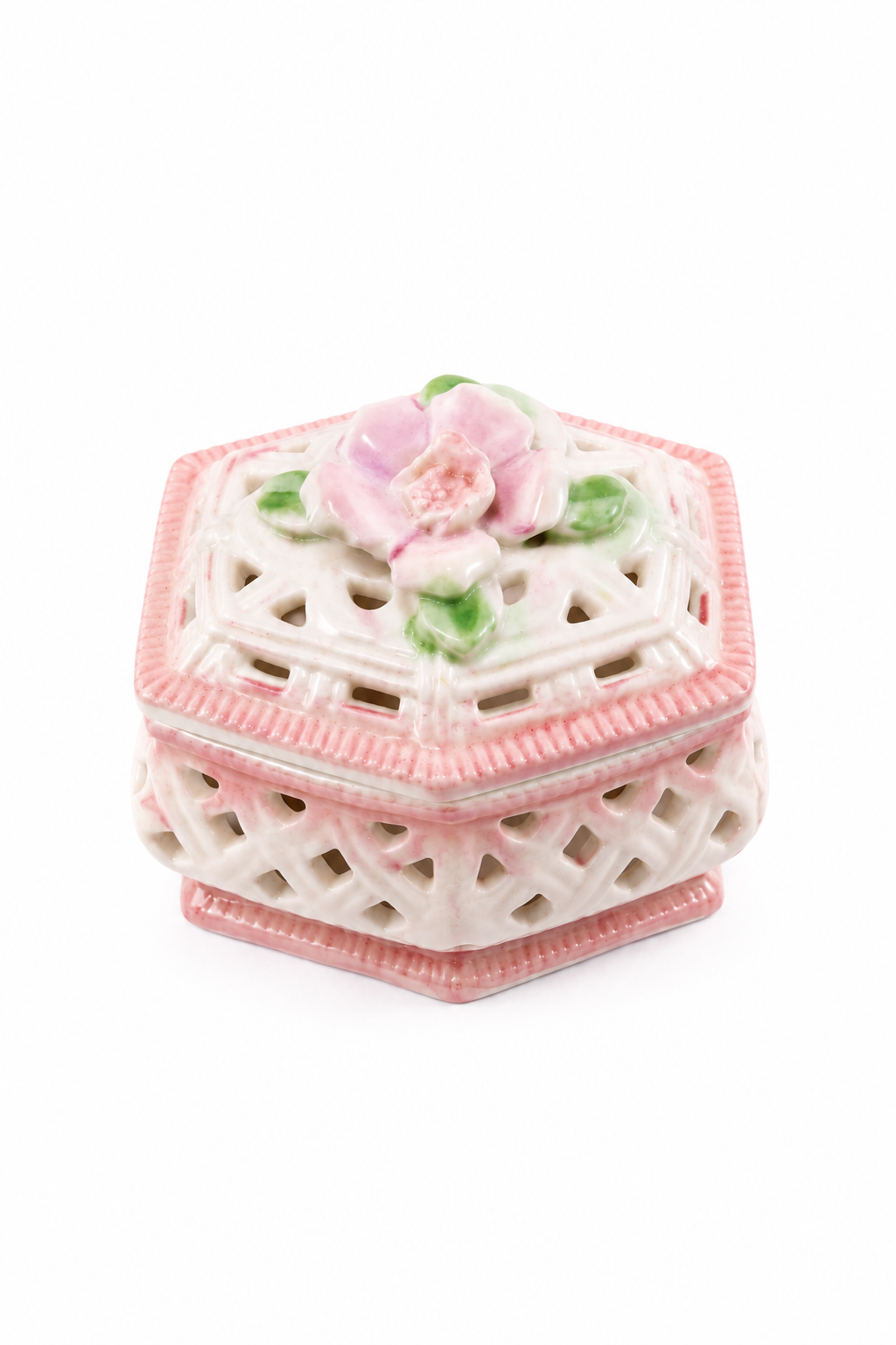 Vintage 1980s Pink & White Porcelain Lattice Trinket Box | Floral Lid | Romantic Vanity Jewelry Box