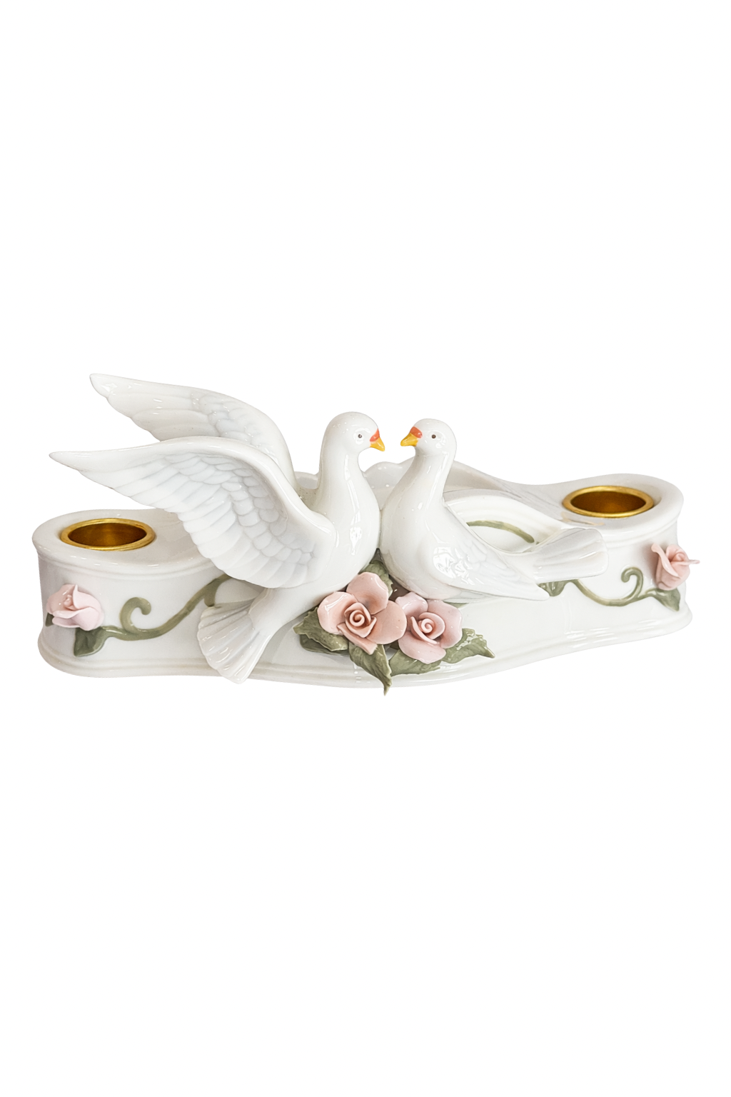 Romantic Dove Porcelain Double Candle Holder with Pink Roses