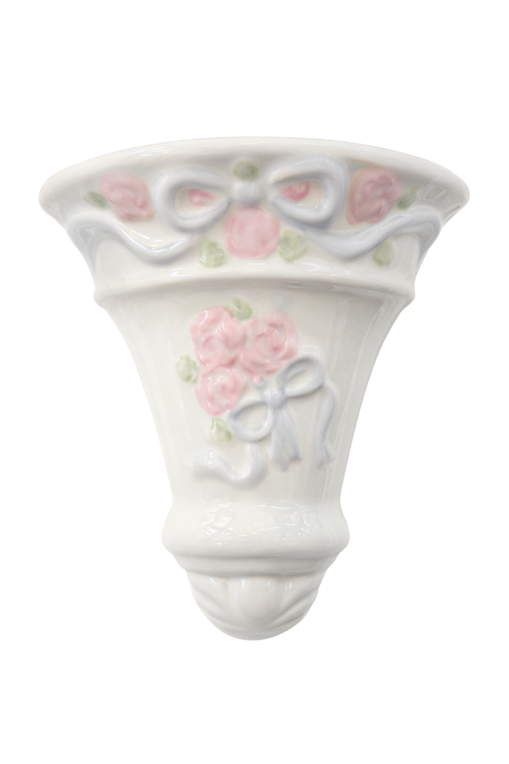 Vintage Shabby Chic Porcelain Wall Sconce with Pink Roses & Blue Bow | Cottagecore Floral Wall Pocket Decor