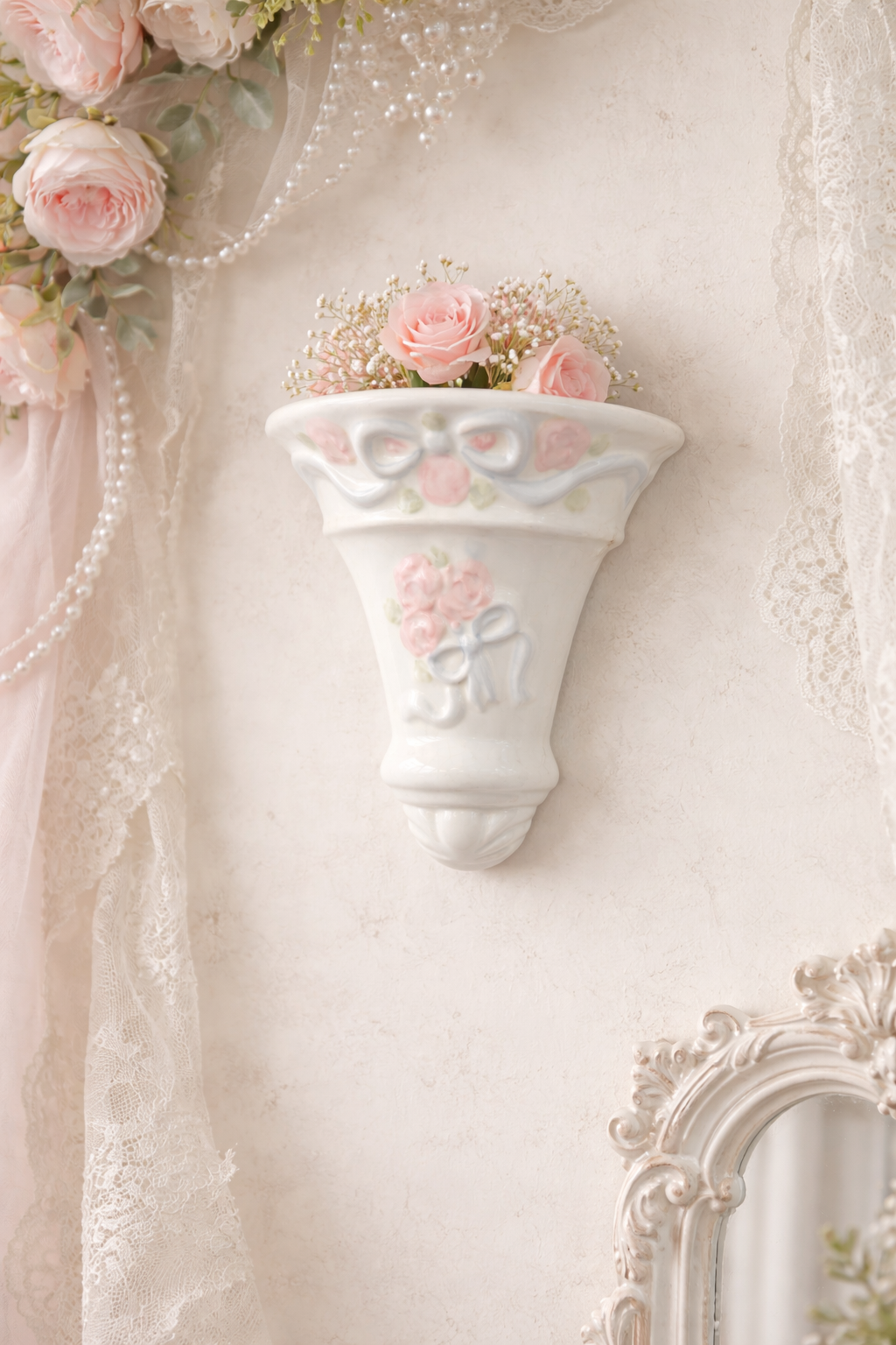 Vintage Shabby Chic Porcelain Wall Sconce with Pink Roses & Blue Bow | Cottagecore Floral Wall Pocket Decor
