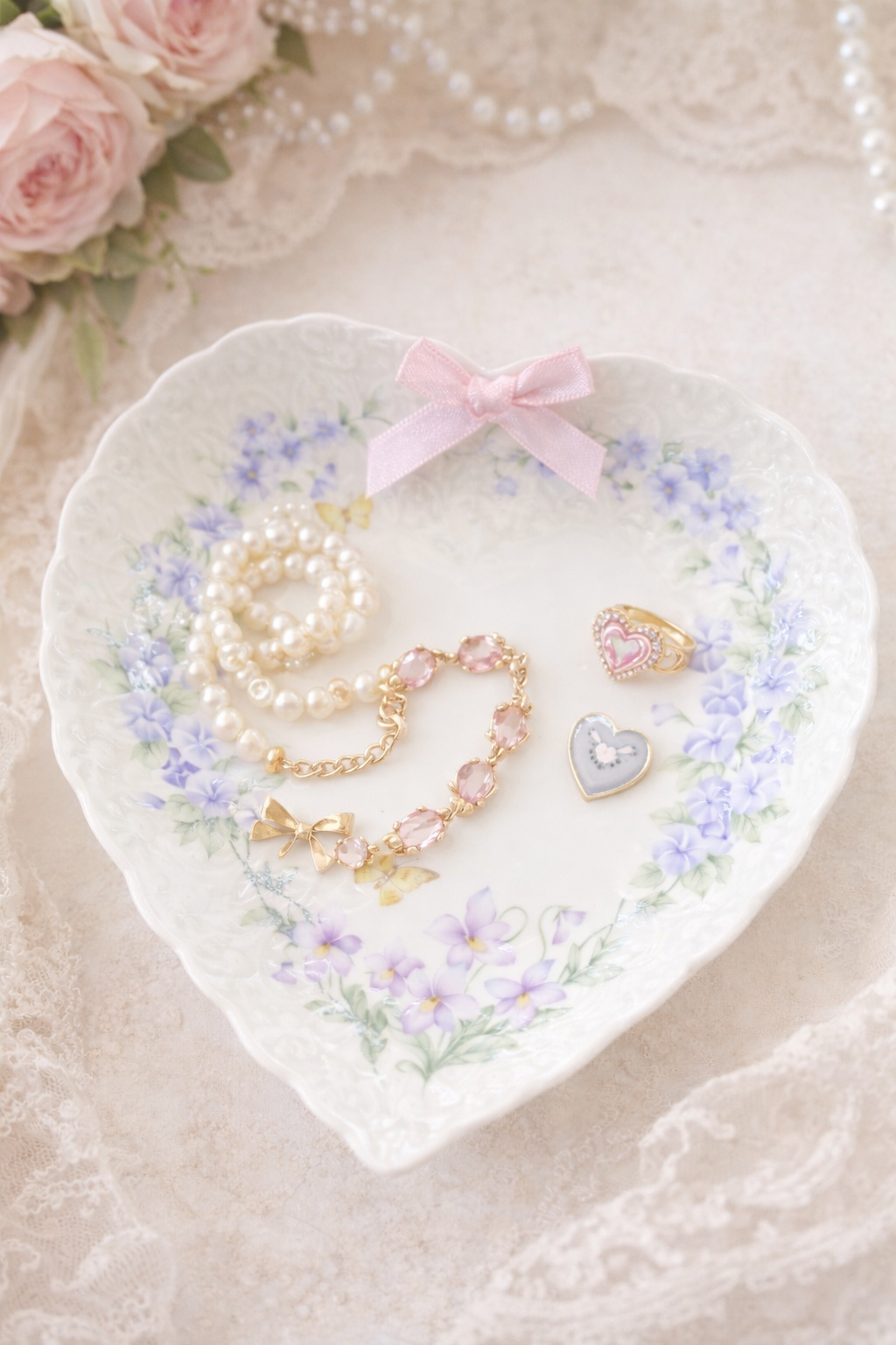 “Pensées de Toi” Mikasa Japan Heart-Shaped Plate | Vintage Floral Porcelain Trinket Dish, Shabby Chic Jewelry Tray