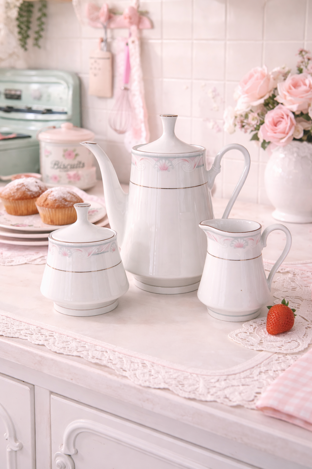 “Coquille du Matin” | Crown Ming Fine China Seashell Tea Set (Vintage 1980s Teapot, Creamer & Sugar Bowl)