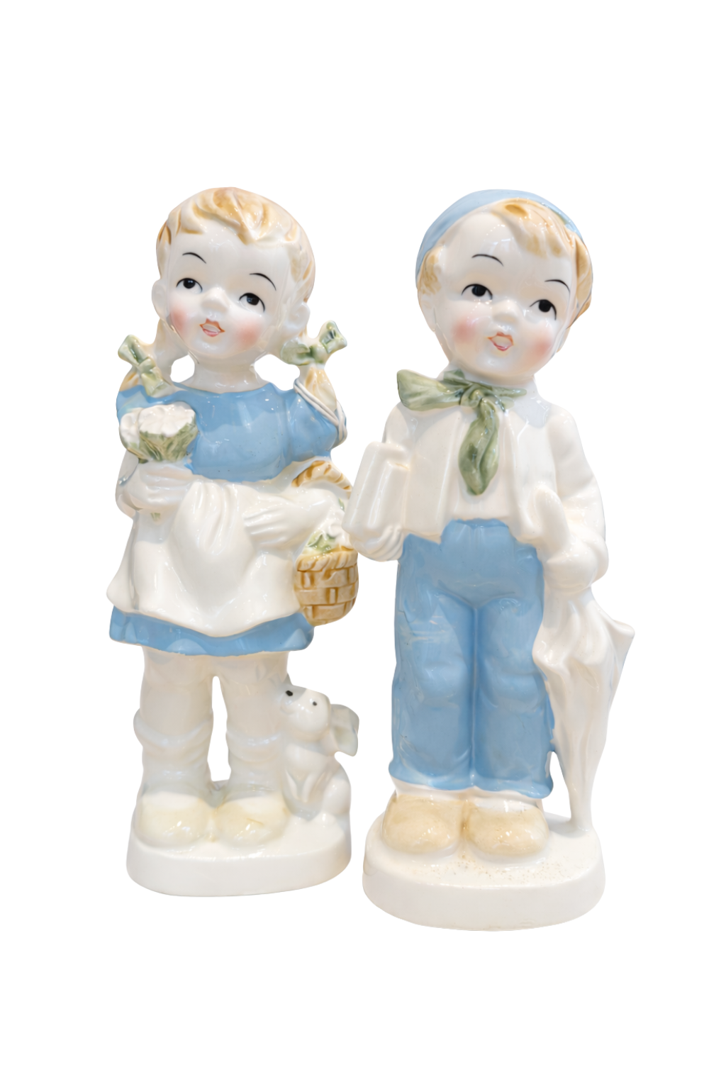 Vintage Blue & White Storybook Children Figurines | Set of 2 Porcelain Boy & Girl Statues