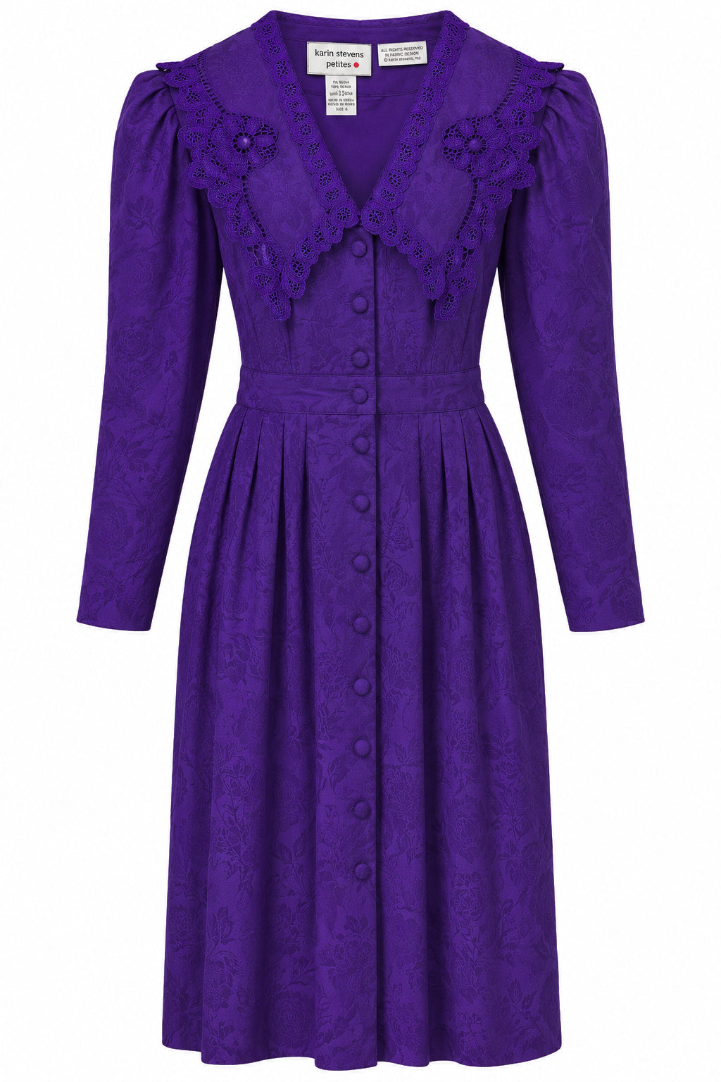 Vintage Karen Stevens Petites Purple Floral Jacquard Lace Collar Button-Front Dress – Size 6