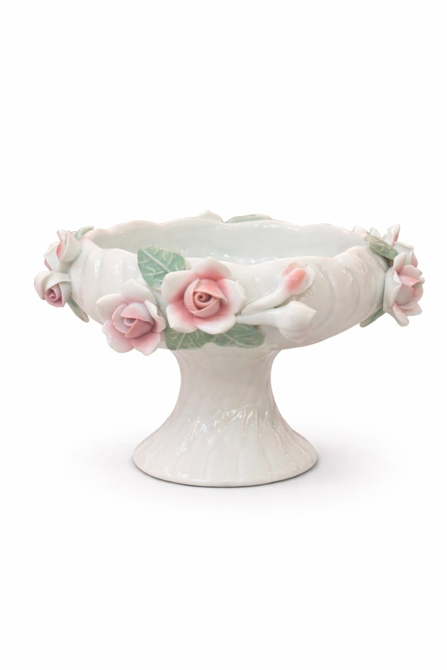 Vintage Japanese Porcelain Pedestal Bonbon Dish (1980s–1990s) | Pink Rose Floral, Mini Compote Jewelry Dish