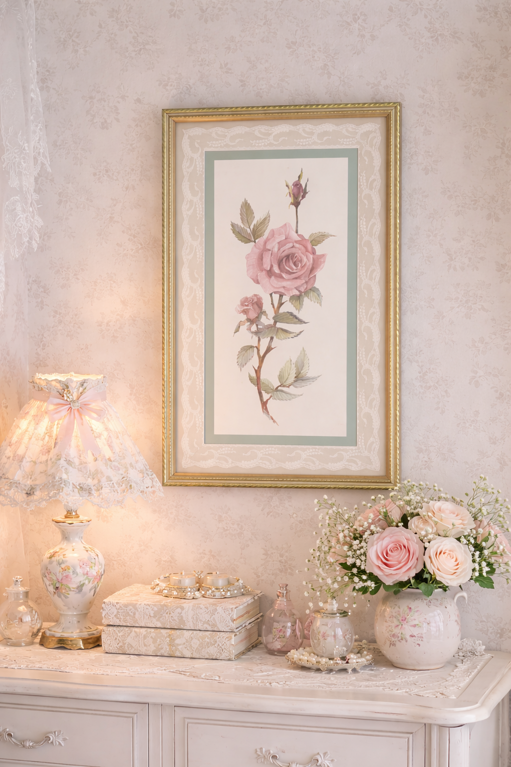 Vintage Shabby Chic Rose Wall Art Print | Pastel Floral with Lace Mat, Gold Frame, Cottagecore Decor
