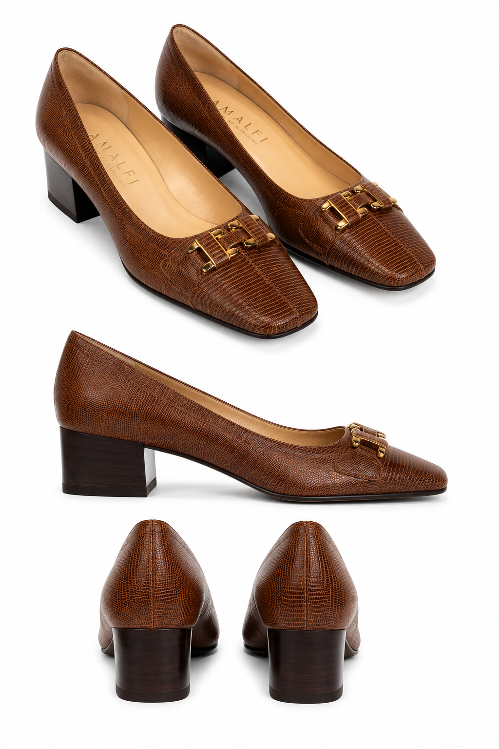 Vintage 1980s-90s AMALFI by Rangoni Italy Brown Genuine Reptile Leather Block Heel Pumps Size 8.5 Gold Buckle Shoes