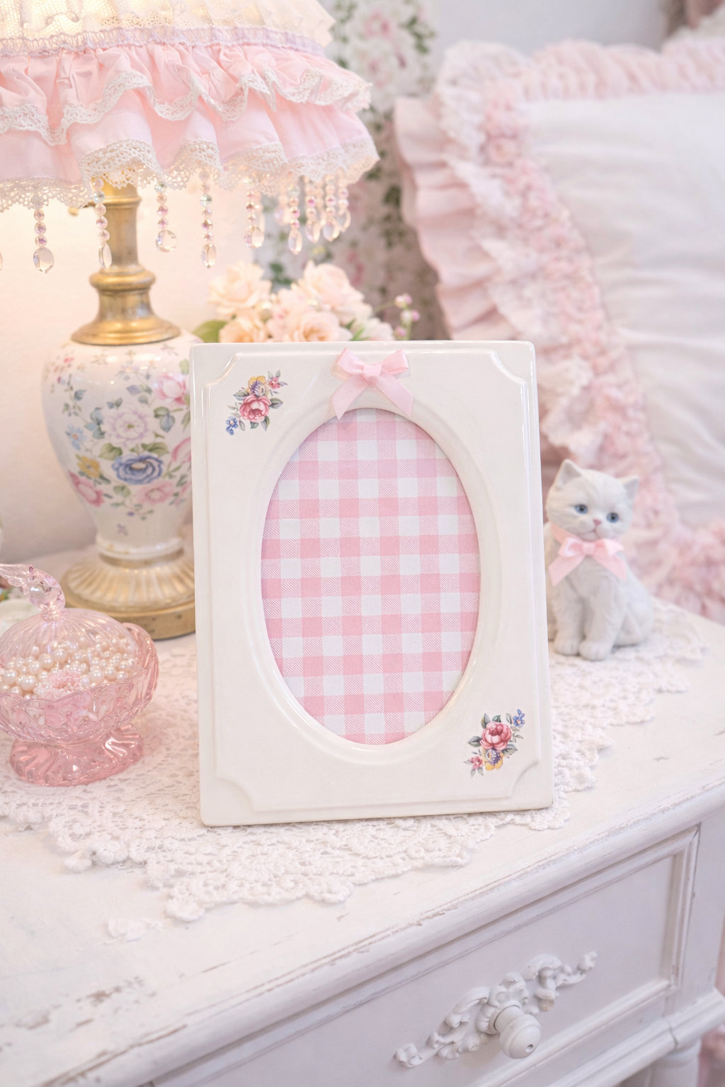 Vintage Floral Porcelain Picture Frame with Pink Bow | Romantic Cottage Display Frame