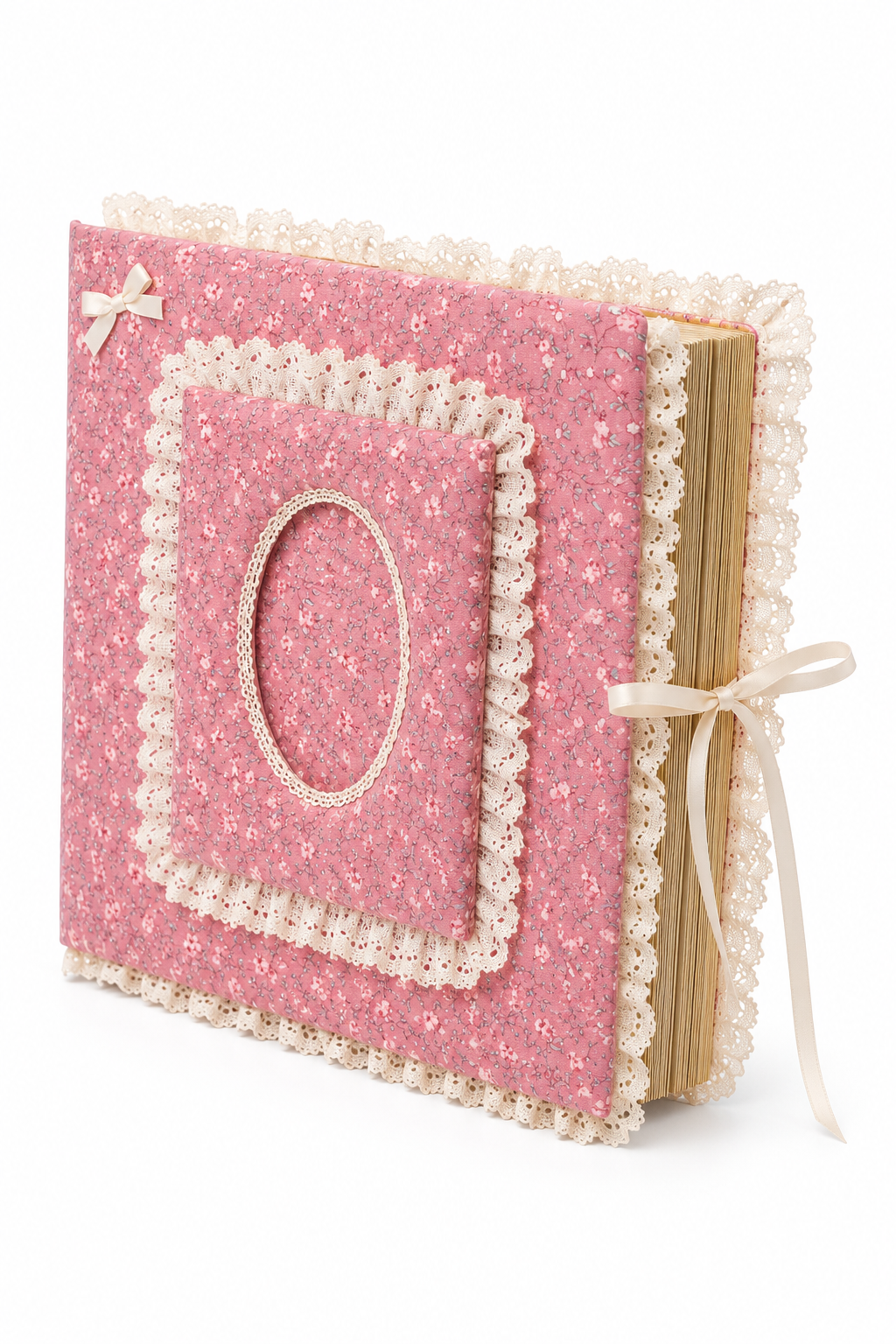Handmade Vintage Pink Floral Lace Photo Album | Romantic Scrapbook Memory Book | Ribbon Tie Binder