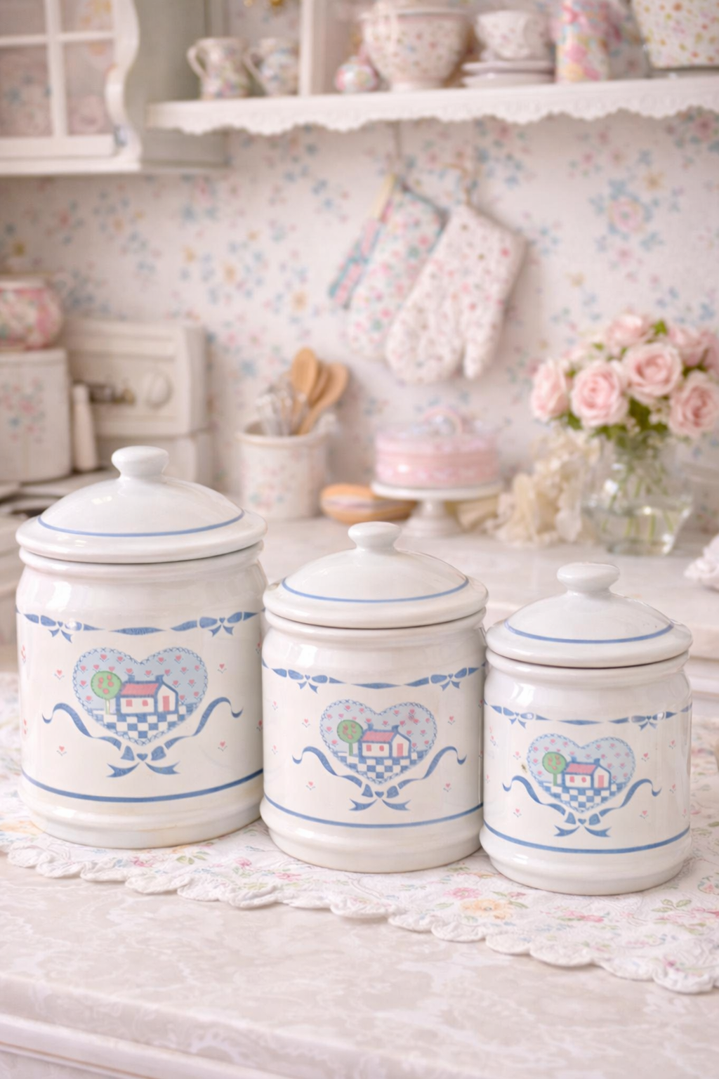 1980s Cottagecore Heart Canister Set | Vintage Shabby Chic Pink & Blue Farmhouse Kitchen Jars (Set of 3)