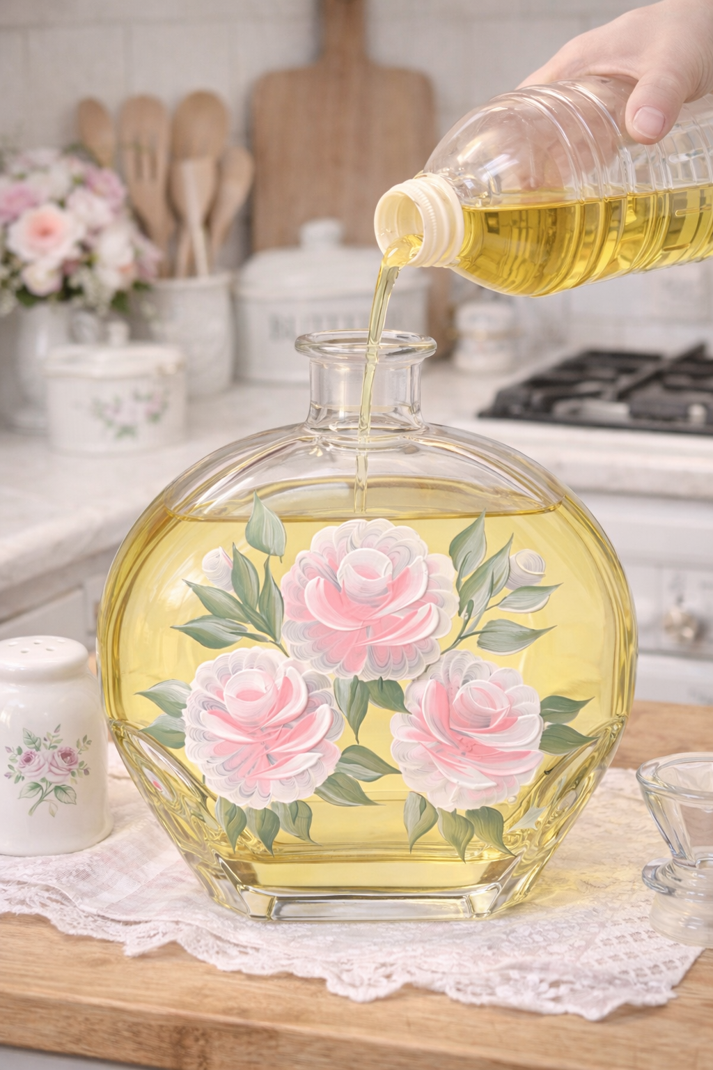 Large Vintage Hand-Painted Floral Glass Decanter | 9” Perfume Bottle / Oil & Spirits Bottle