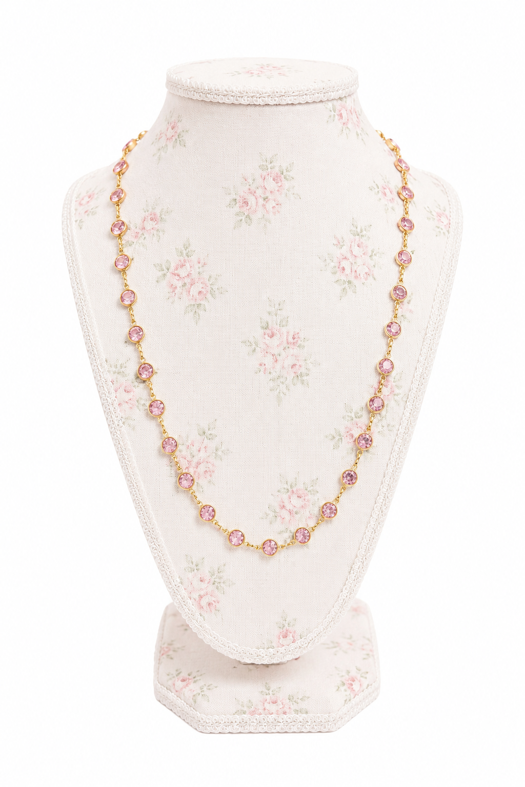 Vintage 1980s–90s Avon Pink Faceted Glass Station Necklace | Gold Tone Bezel Set