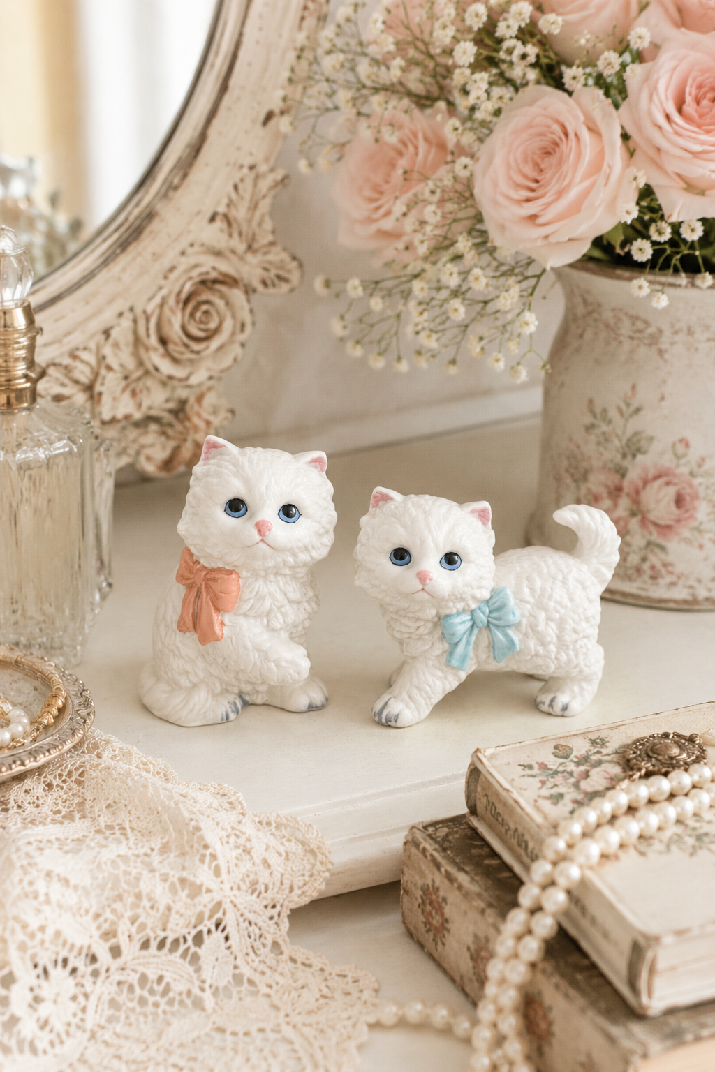 Vintage 1980s HOMCO White Persian Kitten Figurines Set | Blue & Pink Bow Cats | Sweet Nursery Cottagecore Decor